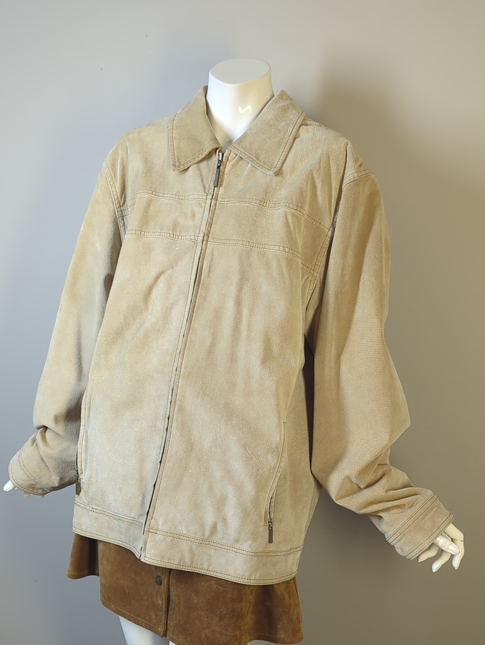 Vintage Suede Beige Zip Jacket Relaxed Fit Medium